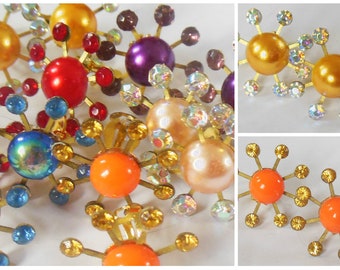 Pretty clip on (or stud) earrings, atomic 1950s style-Handmade from all vintage NOS~ lucite, gold tone metal, cabochon, crystal rhinestones