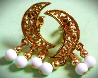 Delightful Vintage 1950s new old stock crescent moon shaped gold tone earrings - filigree with milk glass bead dangles - glamour mid century