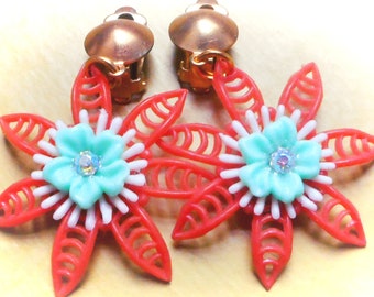 Bright summery Soft Plastic Flower Rhinestone Clip on Earrings ~ handmade from original Vintage 1950's NOS materials, orange mint white gold