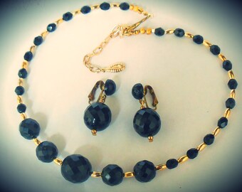 Glam Gold Black Art Glass Beaded Jewellery Set, Handmade from Original 1950's Vintage Beads & Findings, Necklace and clip on dangle Earrings