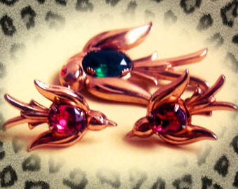 Vintage 1940's designer CORO Pegasus bird swallow rhinestone brooch pin & screw back earring jewellery set ~ gold tone metal, jewels, signed