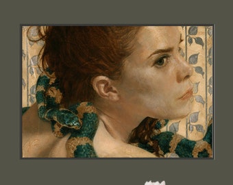 Classic Woman Portrait Print from Original Oil Painting Realistic Green Snake of Female Eve Turquoise Wall Art Decor AI Free Archival Giclee