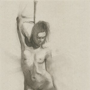 Original Hand Drawn Nude Female Pole Dancer Woman Figure Soft Charcoal Drawing Sketch Standing Unique Classic Realistic Art Minimal Realism image 2