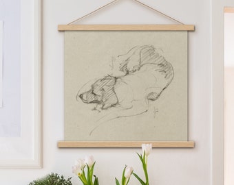 No AI Dog Sketch Minimal Drawing Magnetic Hanger Poster Scroll Art Print Charcoal Gesture Quick Animal Pet Nap Sleeping Peaceful Wall Decor