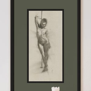 Original Hand Drawn Nude Female Pole Dancer Woman Figure Soft Charcoal Drawing Sketch Standing Unique Classic Realistic Art Minimal Realism image 3