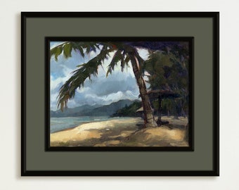 Tropical Beach Island Seascape Oil Painting Outdoor Seaside Scenery Coconut Tree Impressionistic Realism Unique Original Small Art COA NOAI