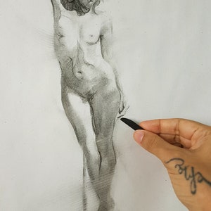 Original Hand Drawn Nude Female Pole Dancer Woman Figure Soft Charcoal Drawing Sketch Standing Unique Classic Realistic Art Minimal Realism image 1