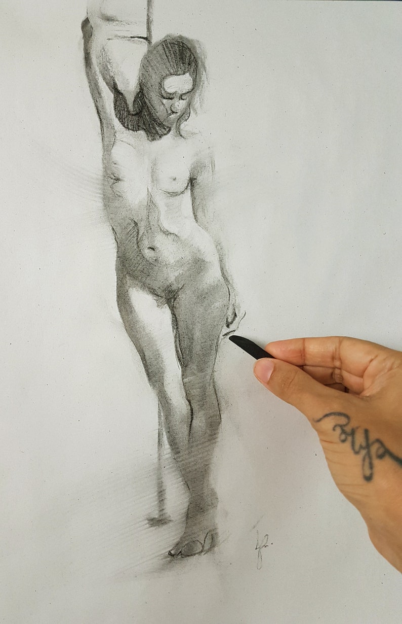Original Hand Drawn Nude Female Pole Dancer Woman Figure Soft Charcoal Drawing Sketch Standing Unique Classic Realistic Art Minimal Realism image 1