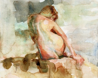 Agave Eco Paper Giclee Female Nude Woman Figure Colorful Watercolour Expressive Painting Figurative Art Back Sitting Square Wall Decor