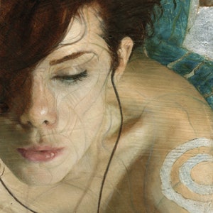 Beautiful Female Portrait from Original Oil Painting Woman Art with Earphones Archival Giclée Print Realistic Turquoise Wall Decor AI Free
