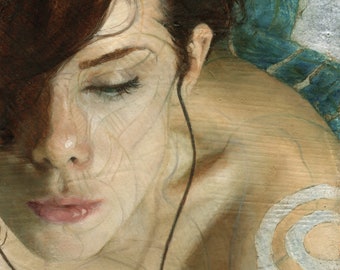 Female Portrait from Original Oil Painting Archival Giclée Print Realistic Turquoise Wall Decor (NoAI)