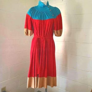 Vintage Color Block Red Tan Blue Dress 1970s 1980s *No Tag* Small or Medium