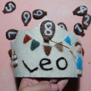 May include: A handmade felt birthday crown with the name "Leo" in black letters. The crown is decorated with colorful pennants, a balloon with the number "8", and a small figure. Scattered around are felt numbers.