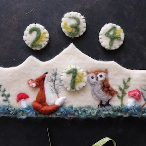Handmade Felt Birthday Crown,  Woodland Animal Theme with Fox and Owl,  Waldorf Inspired Eco-Friendly Design