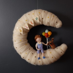 Felting fairy, Newborn moon door wreath,Needle felt angel, nursery decor, baby gift, gift for girl,Waldorf Inspired fairytale mobile