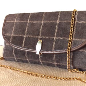 Vintage 80&#39;s gray suede patchwork envelope clutch bag with gold chain strap/Hipster leather clutch/Boho city clutch/Suede cocktail bag