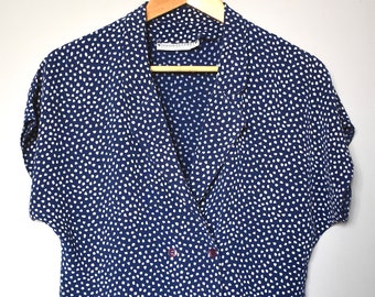 Vintage 90&#39;s print dark blue cropped shirt/ Double-breasted shirt blazer/ Cap-sleeve summer shirt/ Hipster, streetwear top/ Made in England