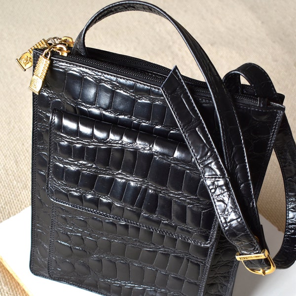 Vintage 90's black croc print Francesco Biasia shoulder bag/ Alligator-skin-printed purse/ Black & gold short-strap bag/ Made in Italy
