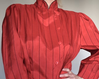 Vintage 80&#39;s red striped shirt/ Asymmetric-front top/ Puff-sleeve shirt/ Waist-fitted top/ Elastic-waist shirt/ Hipster, streetwear top