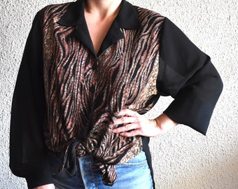 Vintage 90&#39;s sheer back print shirt/ Patterned stretchy button-up/ Black & pastels shirt/ Hipster, streetwear shirt