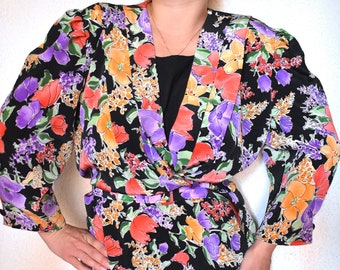 Vintage 90's bright floral print peplum blouse/ Patterned waist-fitted top/ Deep V-neck pullover hipster blouse/ Statement top/  Made in UK