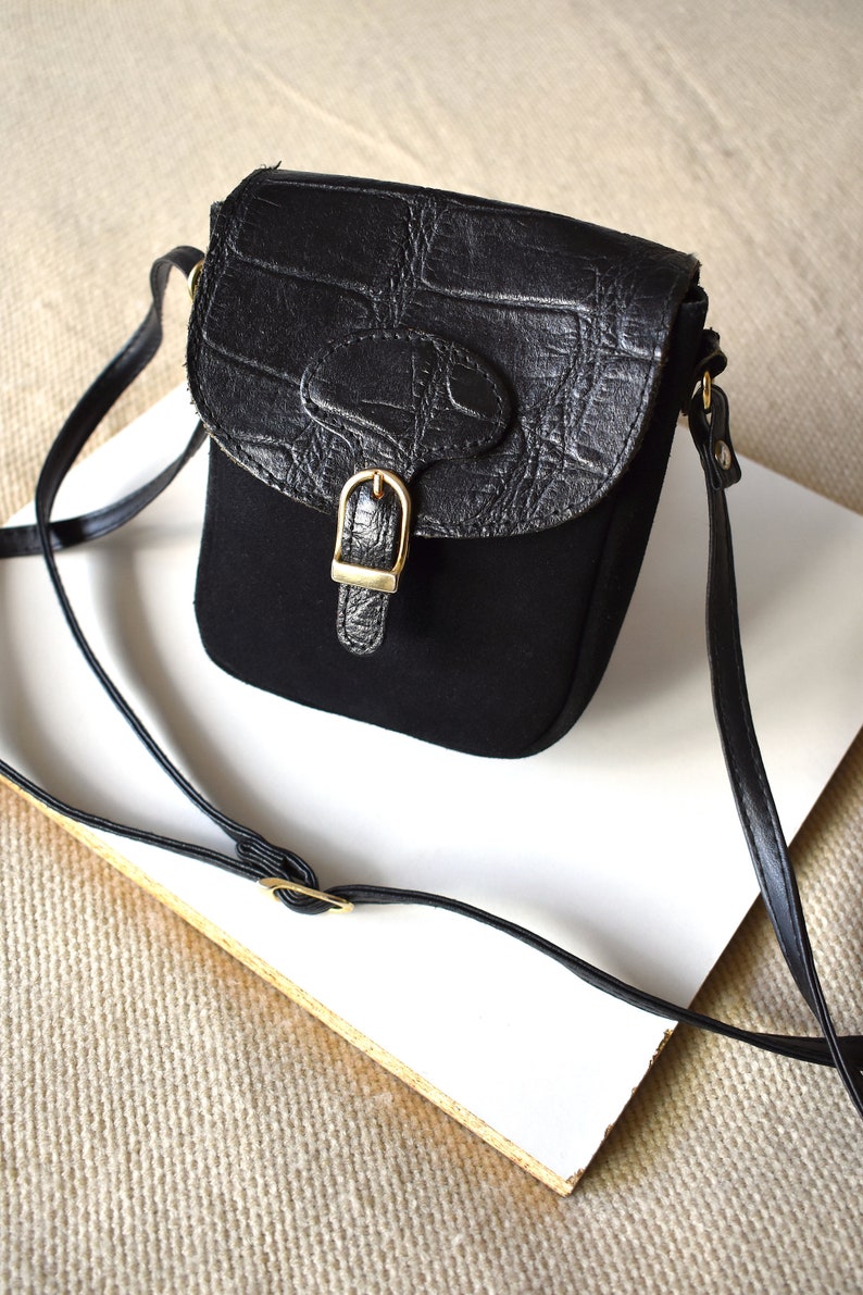 Vintage 90's Small Black Suede Crossbody Bag/ Small Etsy
