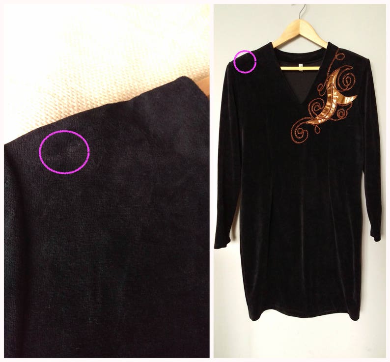 Vintage 80/'s black velvet sheath dressPullover V-neck long-sleeve velvet dressShort neon and shimmery embroidery velvet dressSize 14 US
