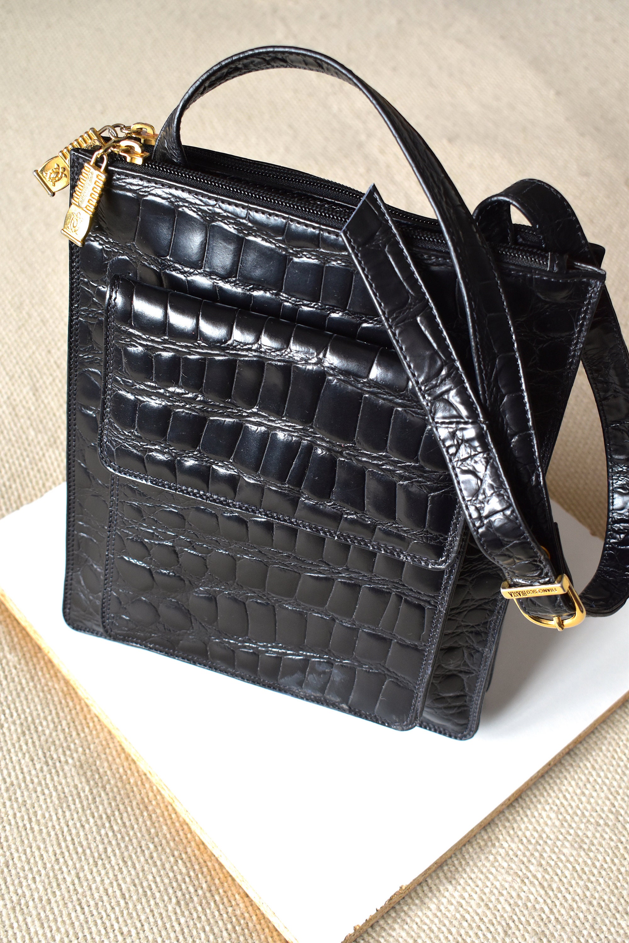 Buy Black Crossbody Handbag / Black Tassel Bag / Black Croc Print