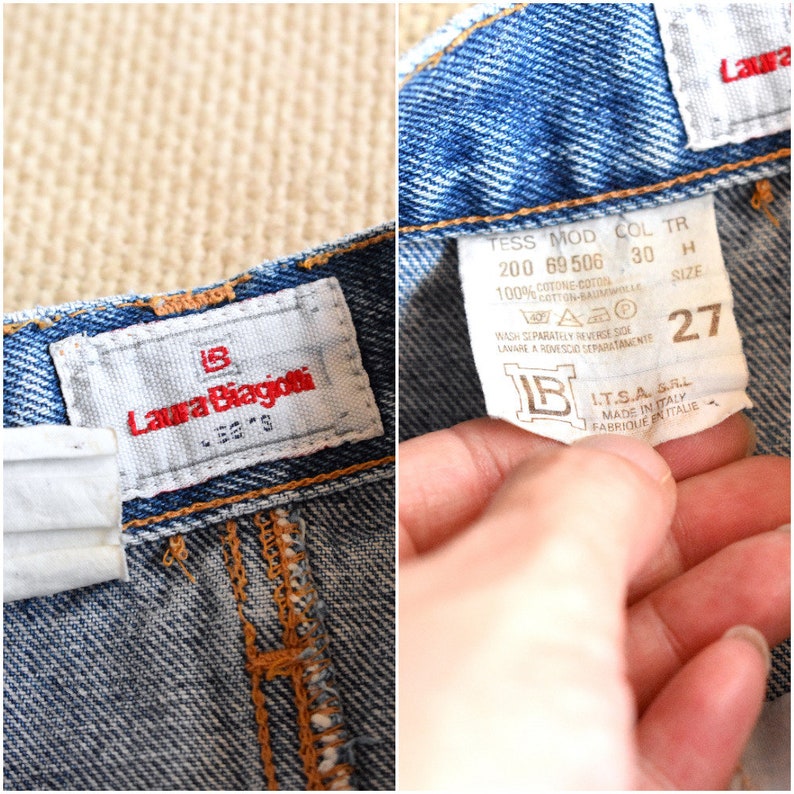 Vintage 90/'s high-waisted stone-washed denim skirt Laura Biagiotti pencil skirt Knee-length blue denim skirt Hipster boho skirt Size 27