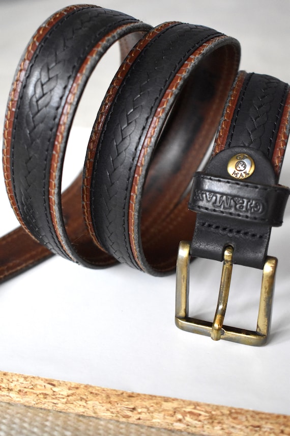 Black vintage belt 90s vintage belt Waisted genuine leather belt Gold buckle belt 80s black belt