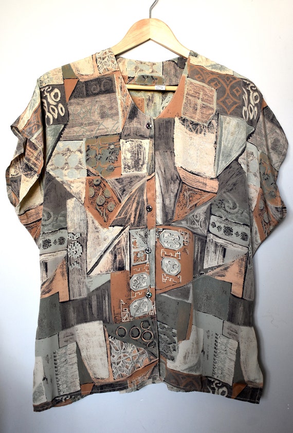 Vintage 90's abstract print silk shirt/ Flowy cap-sleeve button-up top/ Pastel-colored shirt/ Hipster, streetwear summer top