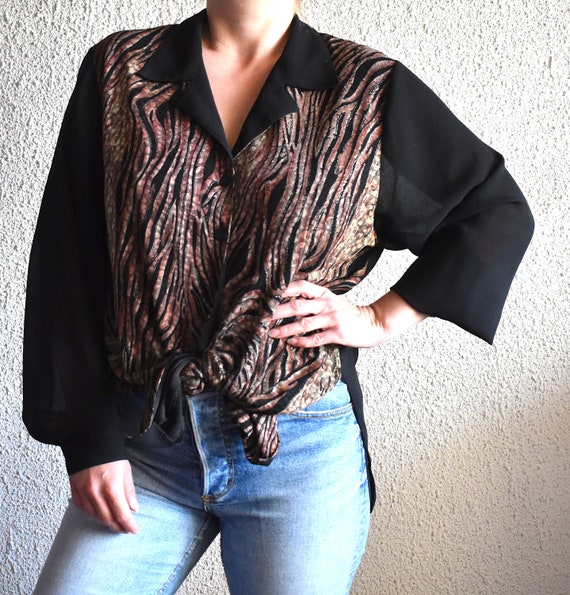 Vintage 90s Sheer Blue Black Button Front Top