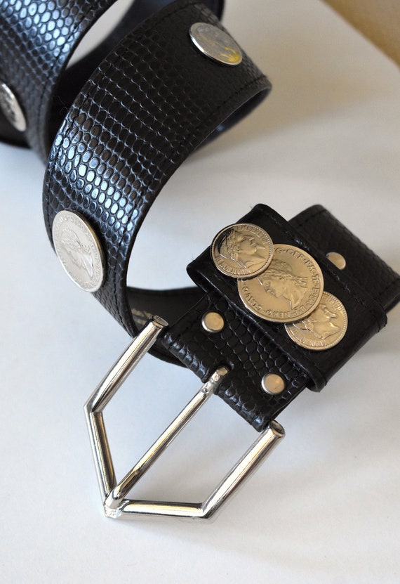 Vintage 80's Black Faux Leather Belt/ Coin-embellished Belt