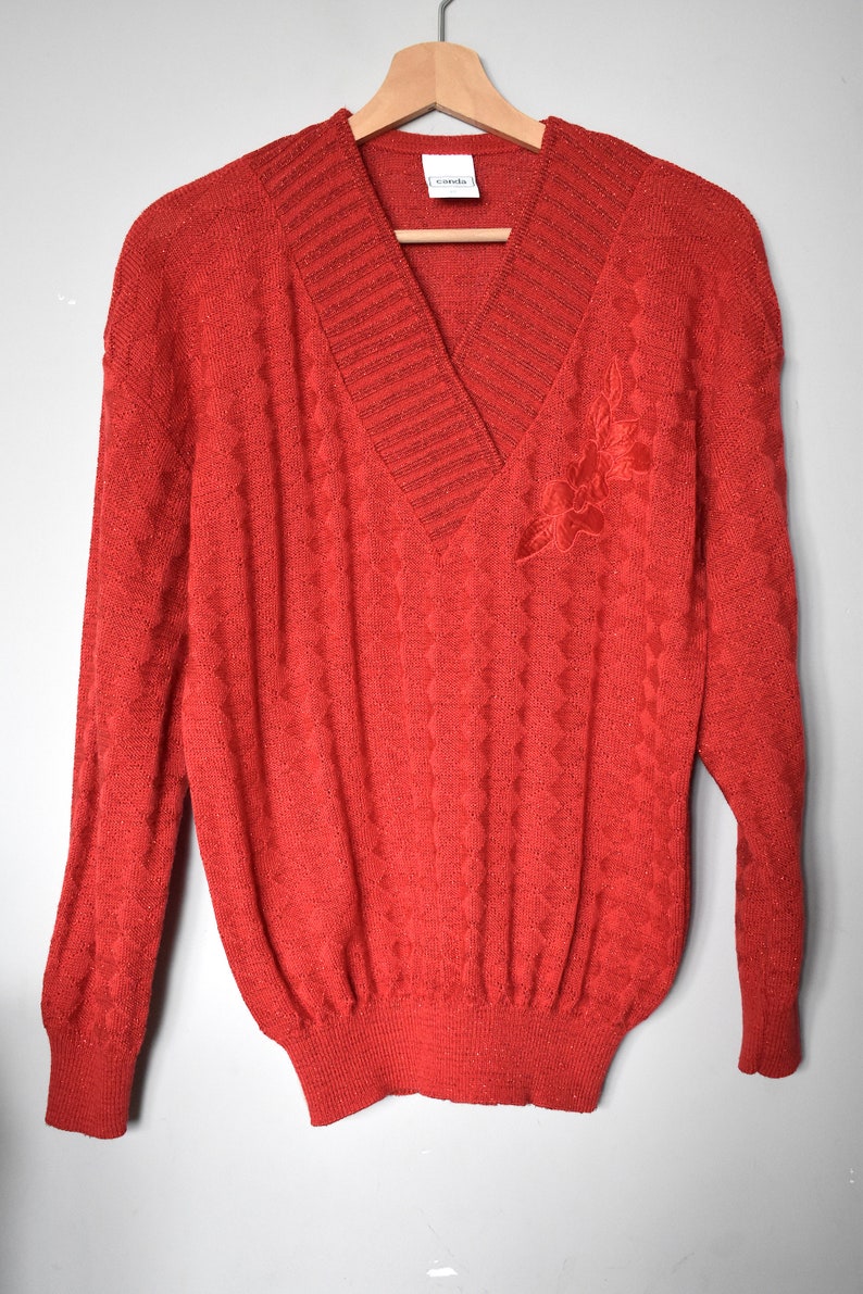 Vintage 80's Red Knit Sweater/ Loose-fit Jumper/ Shimmery-yarn Knit Top ...