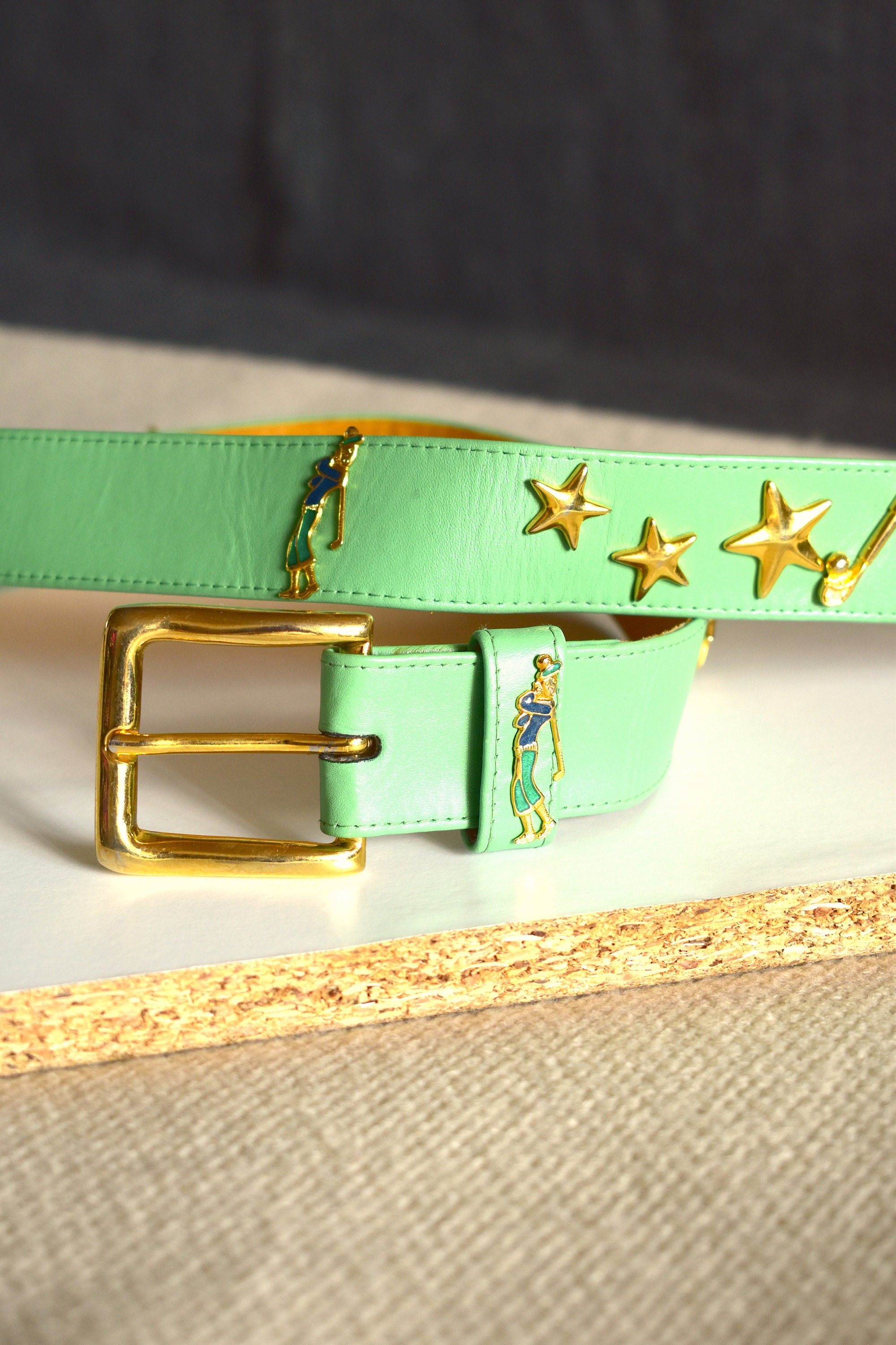 Vintage Red Leather Waist Belt with Gold and Green Buckle with golf detail 90s Skinny Red Leather Belt With Gold Buckle, Small, 90s  main image 4