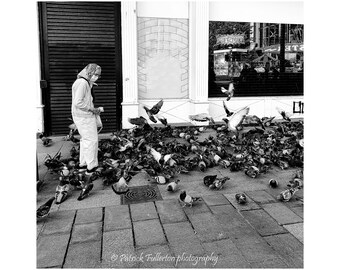 Bird Lady Glasgow , archival fine art Giclee print monochrome.Exhibited at The Glasgow Gallery of Photography Street Exhibition Oct 2022