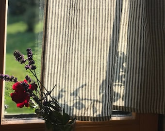 Striped Linen Cafe Curtain CLARA / French cafe style curtain/ black stripe / sink skirt