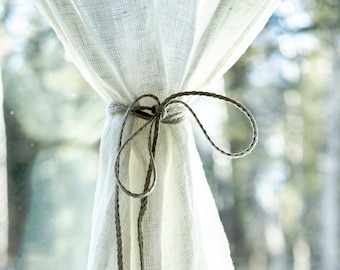 Linen tab top curtain CALGARY/ white linen curtain panel with tie back / prairie style / drop cloth curtains