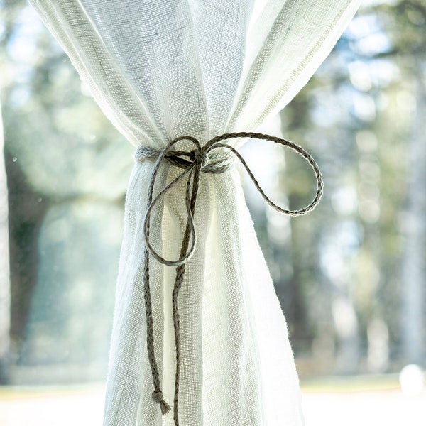 Linen tab top curtain CALGARY/ white linen curtain panel with tie back / prairie style / drop cloth curtains