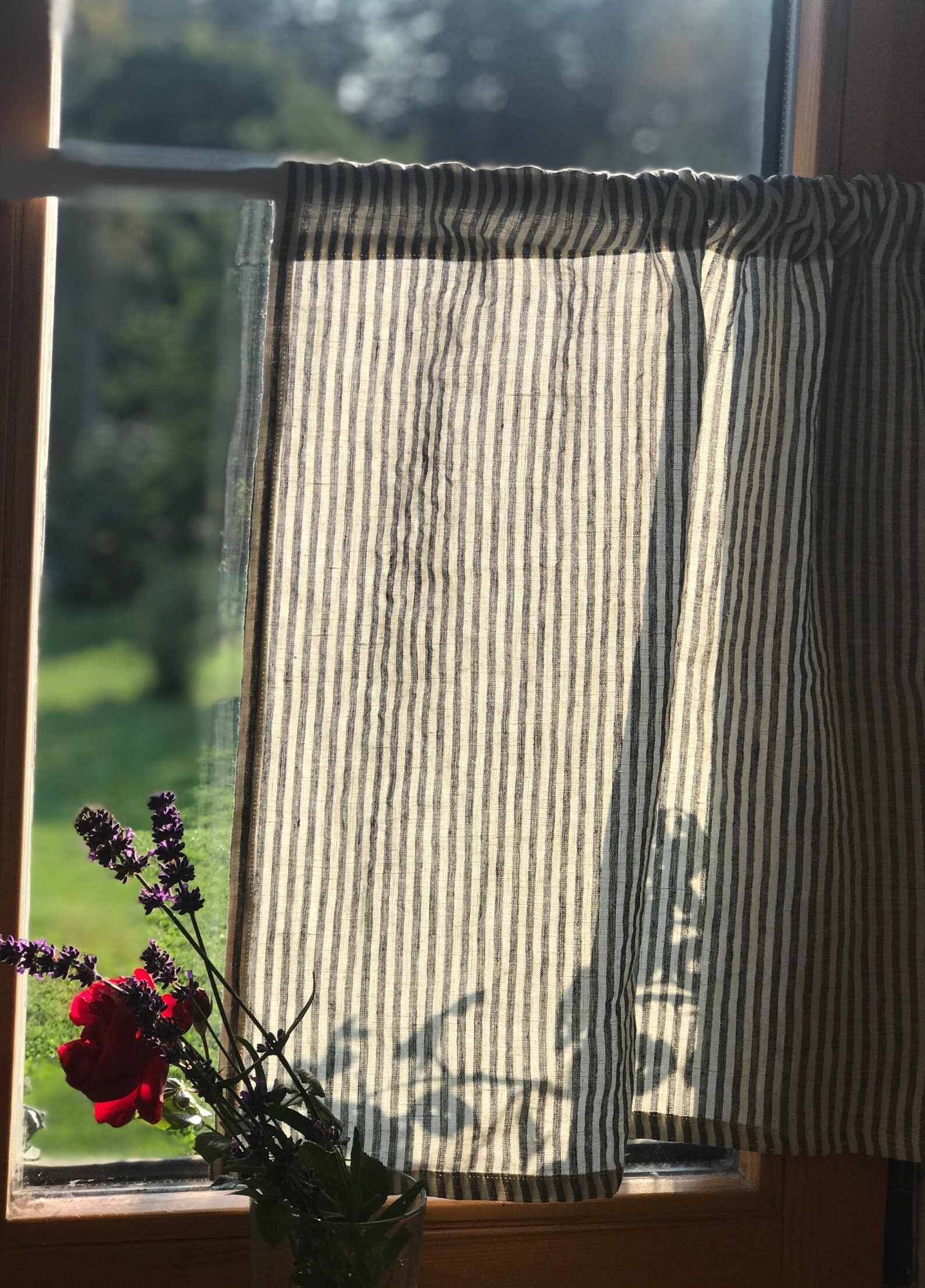 Striped Linen Cafe Curtain CLARA / French cafe style curtain/ black stripe