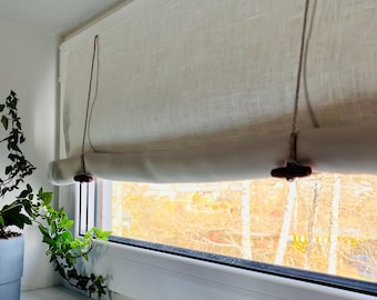 Rullgardin med skal och klistrar, mörkläggningsgardin OTTO, naturfärgat linnetyg,