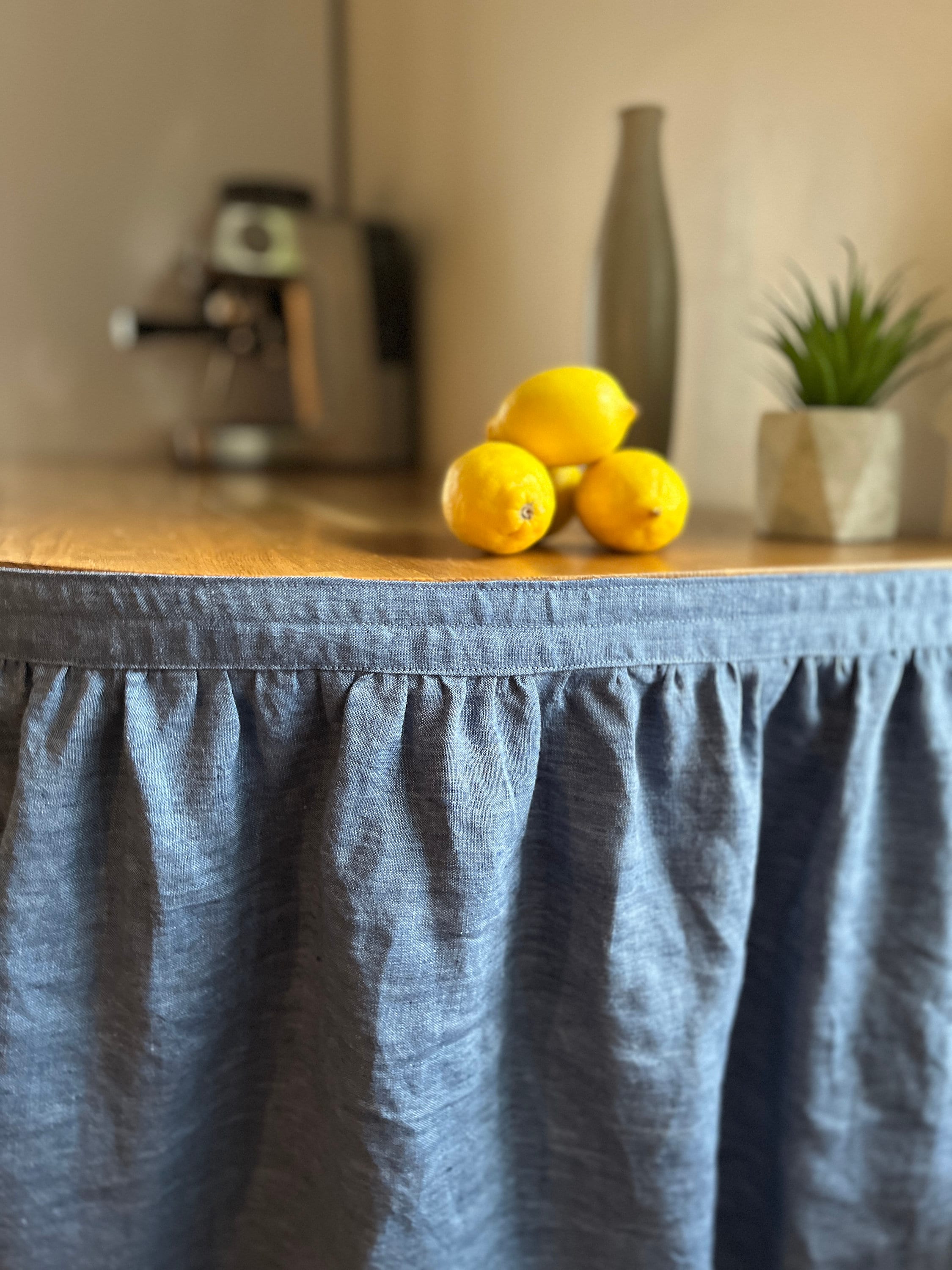 Vanity cover, sink skirt, denim desk skirt with 3M tape fastening MAGGIE, ruffled curtain, table drape, utility room decor, boot room