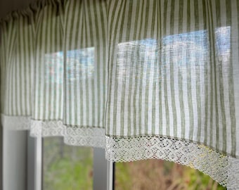 Cenefa de lino para ventana con ribete de encaje, rayas verdes, bolsillo para barra, estilo cottagecore, SOFIA