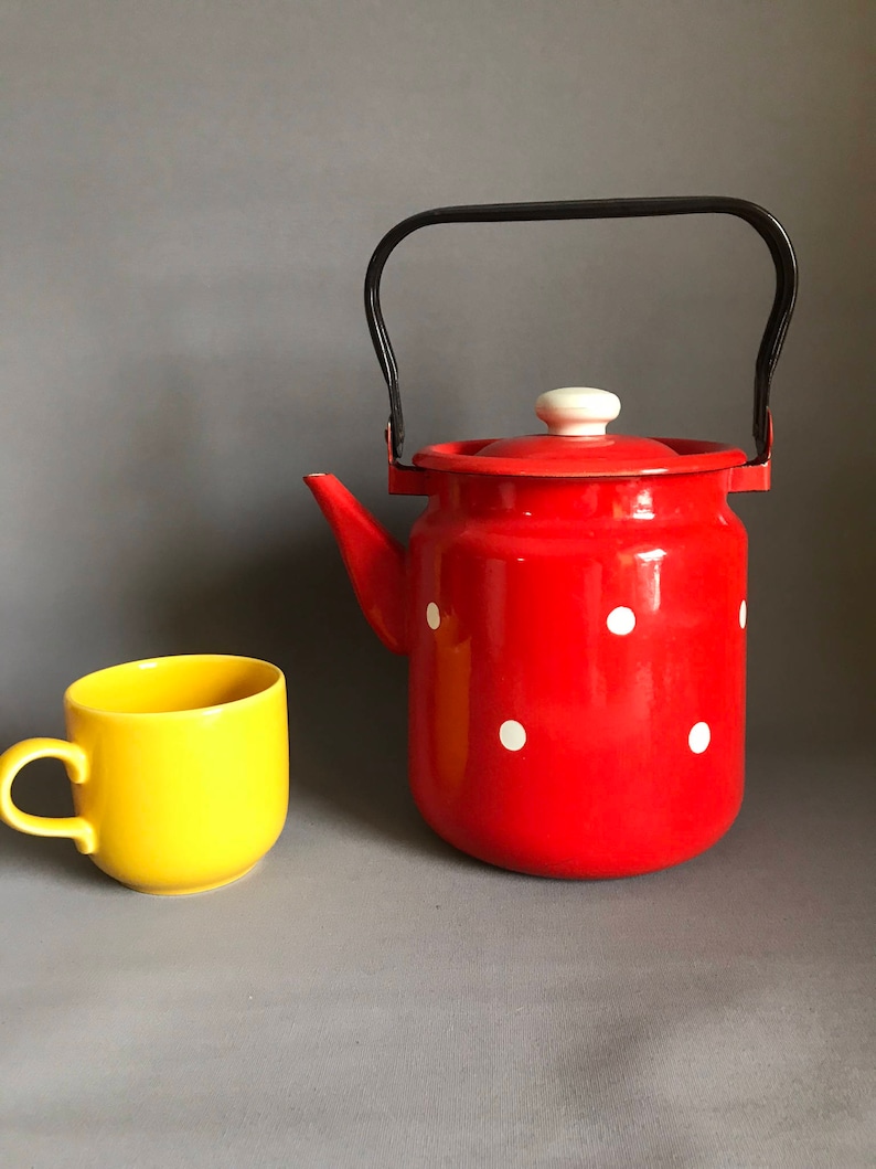 Vintage Enamel Kettle / Enamelware / White Enamel / Polka Dot Etsy