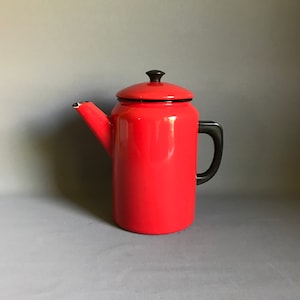 Red enamel vintage kettle, camping coffee pot, retro kitchen