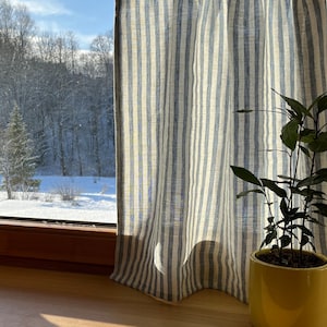 Striped Linen Cafe Curtain CLARA BLUE / French cafe style curtain/ Farmhouse coastal