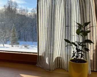 Striped Linen Cafe Curtain CLARA BLUE / French cafe style curtain/ sink skirt/ vanity cover/ blue stripe