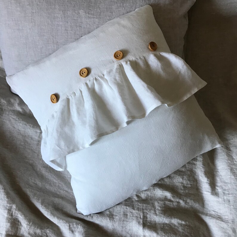 Linen pillow cover with buttons and frill / decorative pillow Etsy