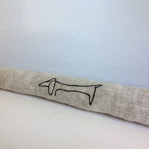 door draft stopper, linen draught excluder, daschund picasso dog, window draft stopper, sound block