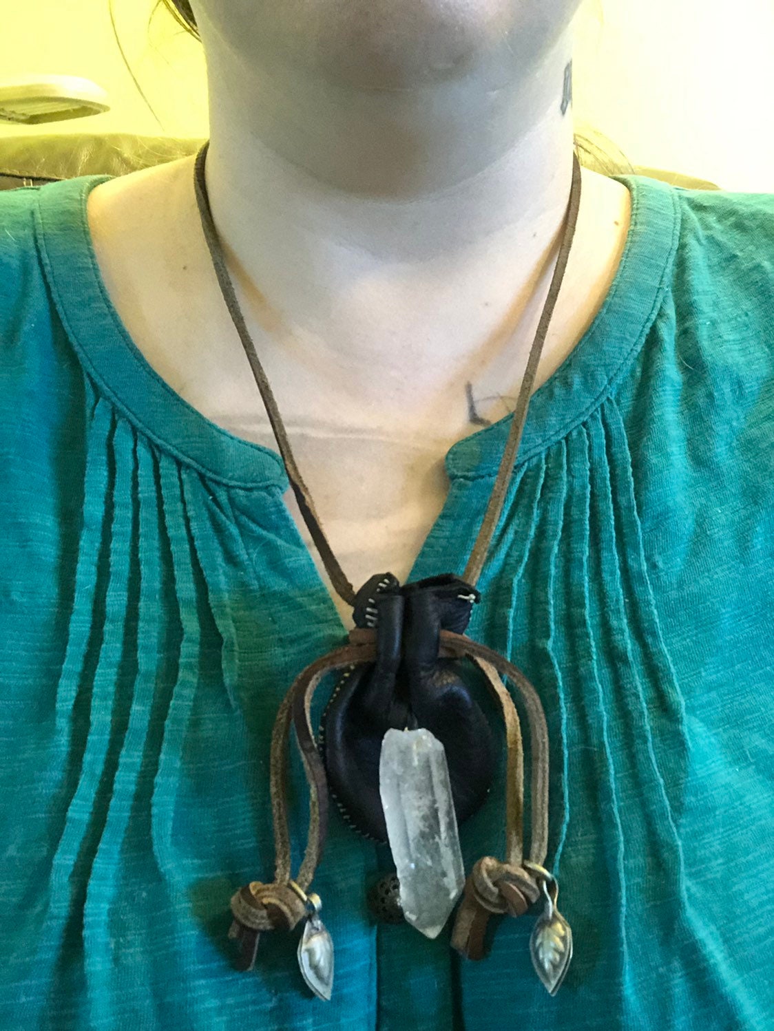 Handmade Leather Pouch Necklace w/ found Quartz crystal and Etsy